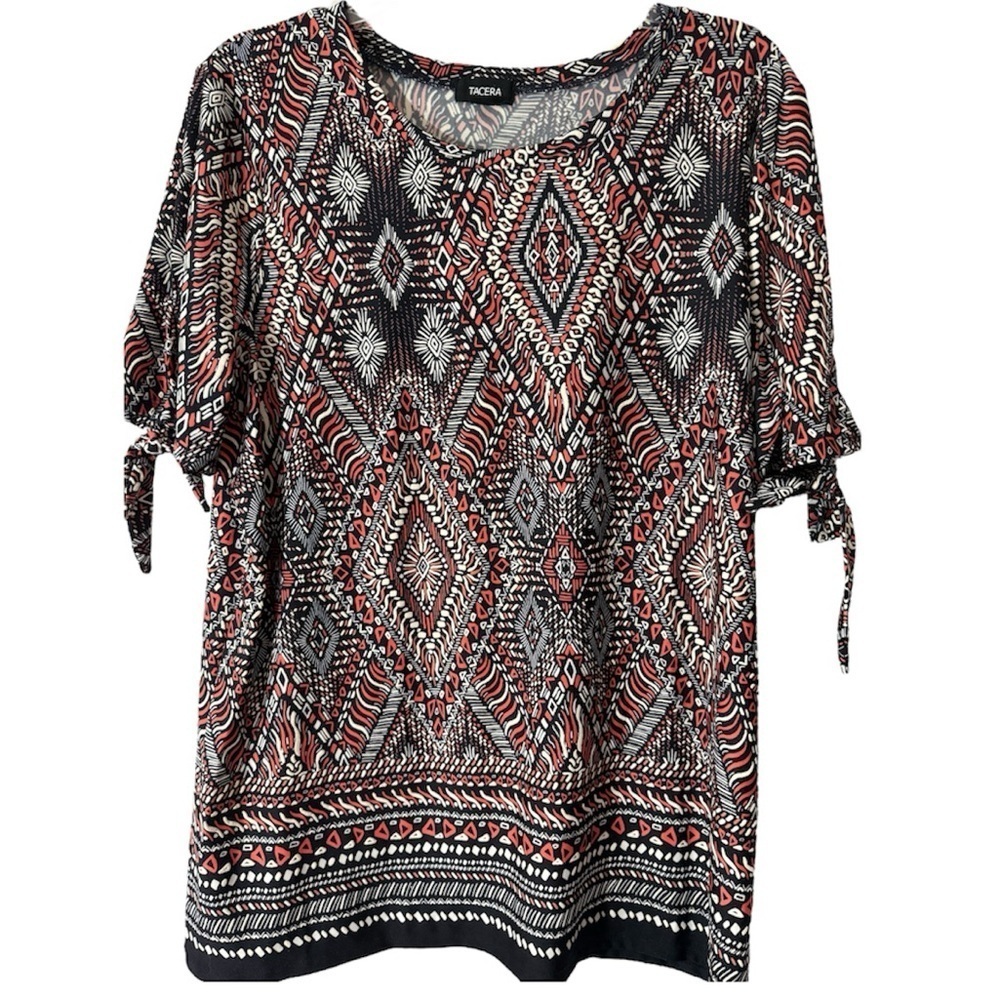 Tacera Tunic Top Scoop Neckline Sleeve Ties Black Red Tribal Print Size Large - Picture 2 of 9